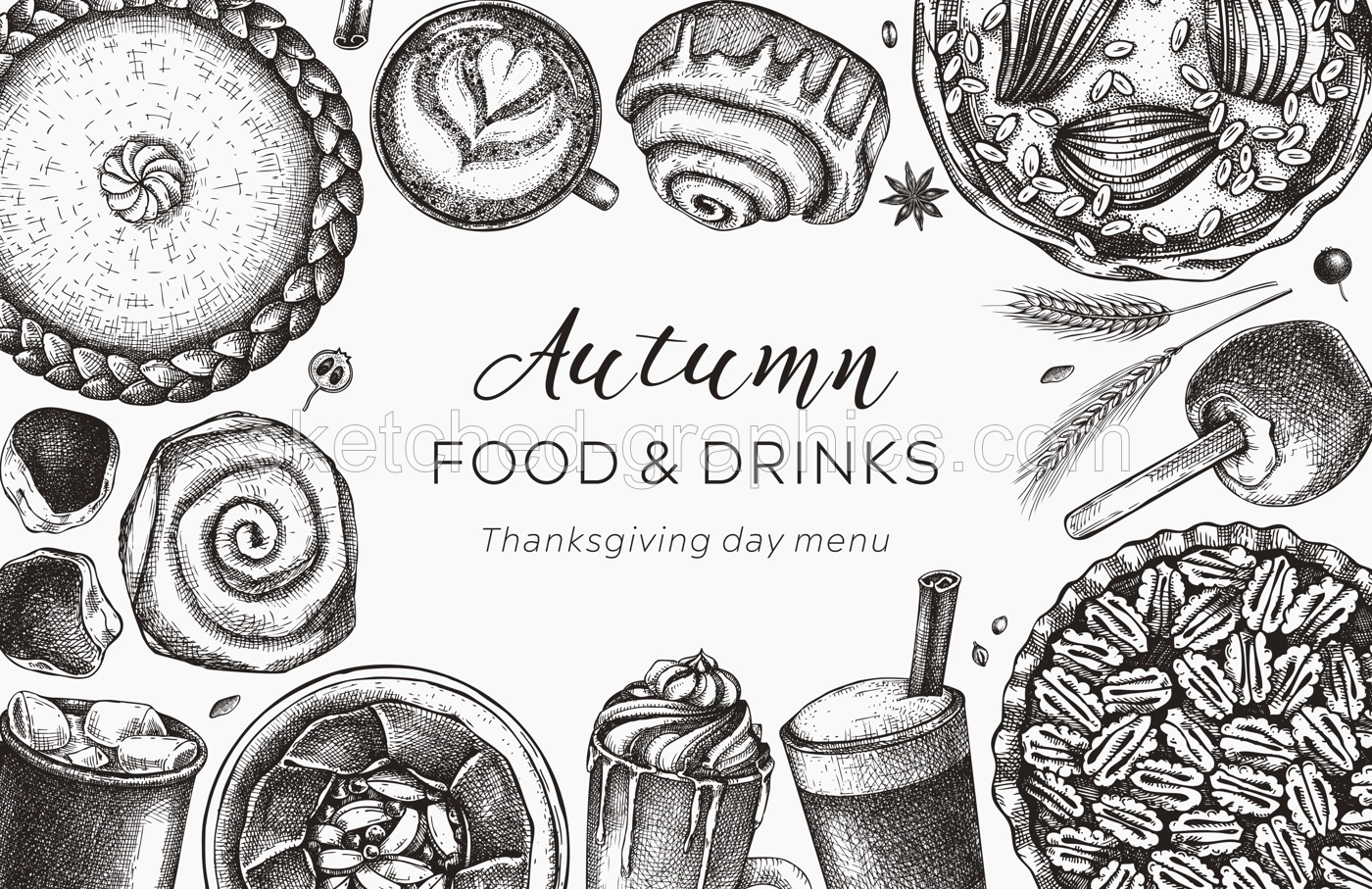Autumn desserts banner. Thanksgiving dinner illustrations. Fall festival desserts, pies, cakes, drinks sketches. Sketched graphics fall food background. Thanksgiving table black and white design Illustration